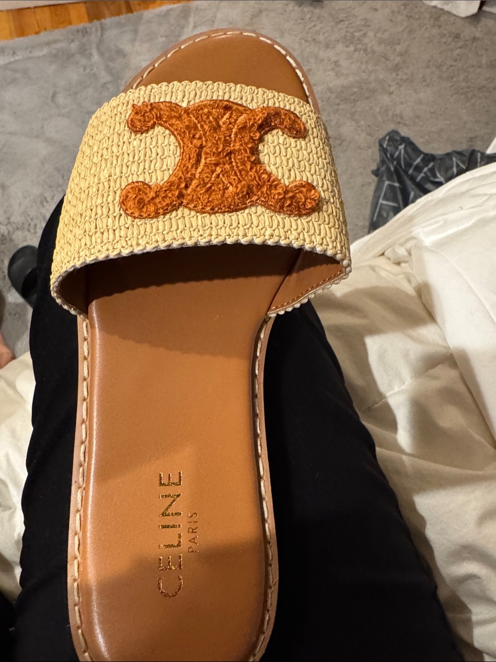 Celine Beige Raffia Slide Sandal with Tan Leather Footbed